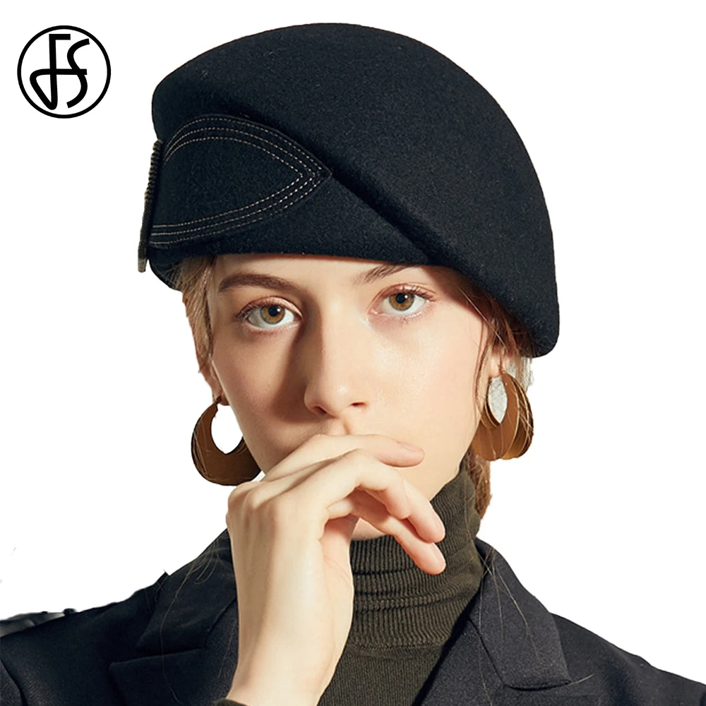 Czarno-czerwona beretka w stylu vintage z kokardą, luksusowy wełniany fascynator, zimowe kapelusze do kościoła dla kobiet, elegancki filcowy fedora, chapeau femme.
