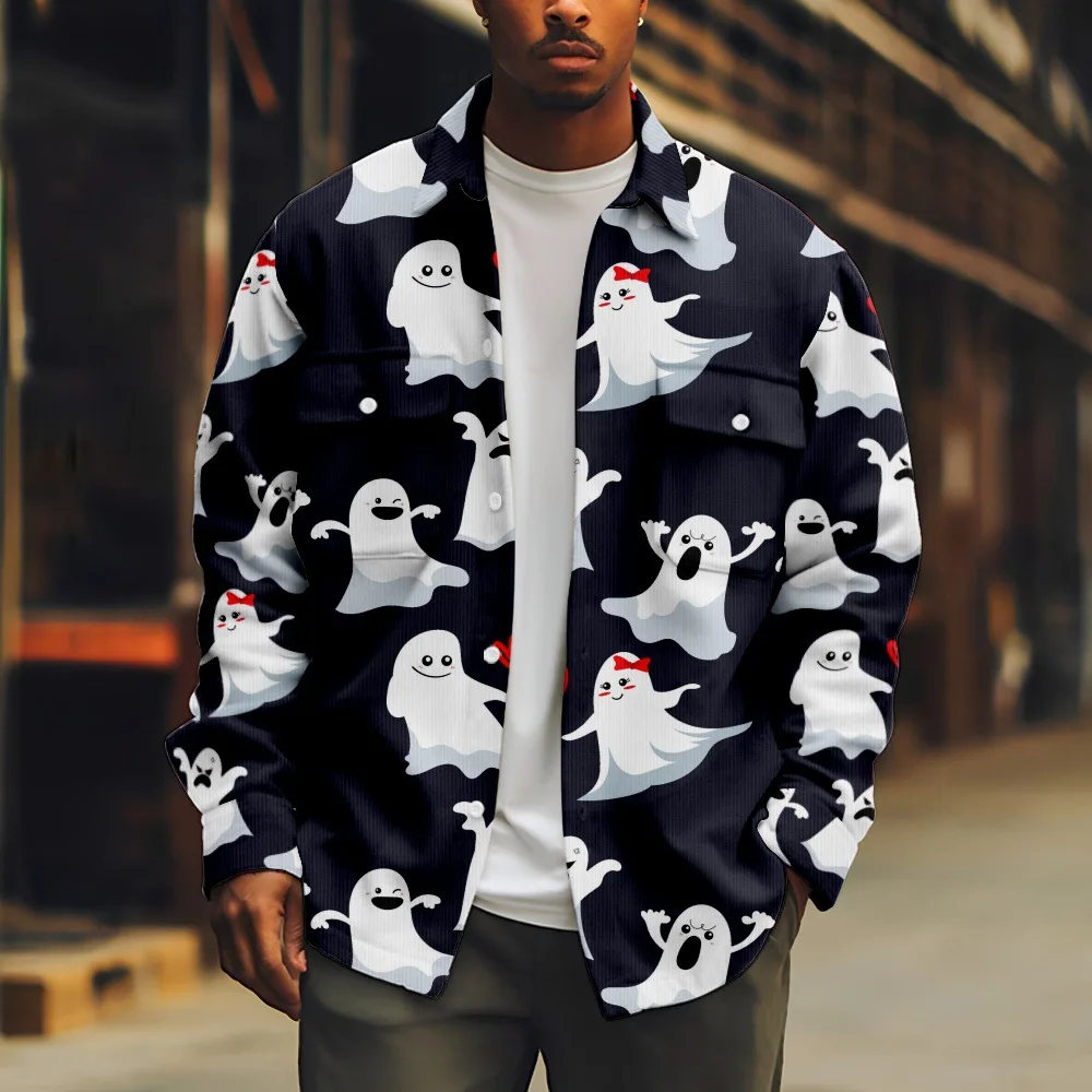 

White Ghost Button Up Shirts Pattern Printed Full Sleeve Pocket Coat Hip Hop Hipster Streetwear Casual Men Clothing