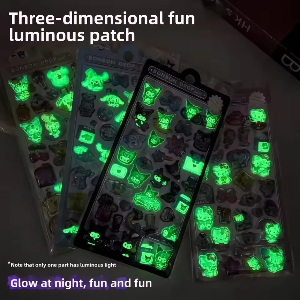 Personnages de dessins animés Sanrio Kuromi 3D autocollants lumineux en relief tridimensionnels autocollants de jouets créatifs mignons pour enfants en gros
