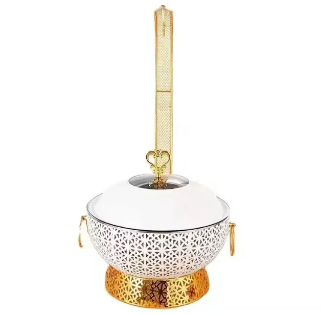 Golden Hanging Lid Chafing Dish, Hollow Carved Stainless Steel Buffet Food Warmer for Hotel Banquet
