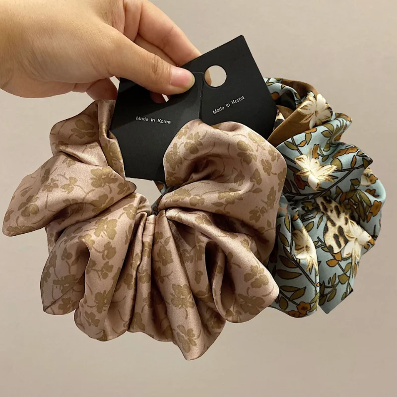 Korean New 2023 Floral Large Intestine Ring French Gray Pink Printing Hair Band High-Grade Satin Hair Band Women Headwear