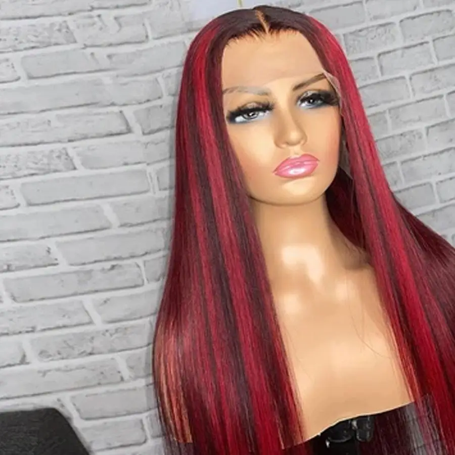 

Black Wigs With Red Highlights Streak Lace Front Wigs 13x4