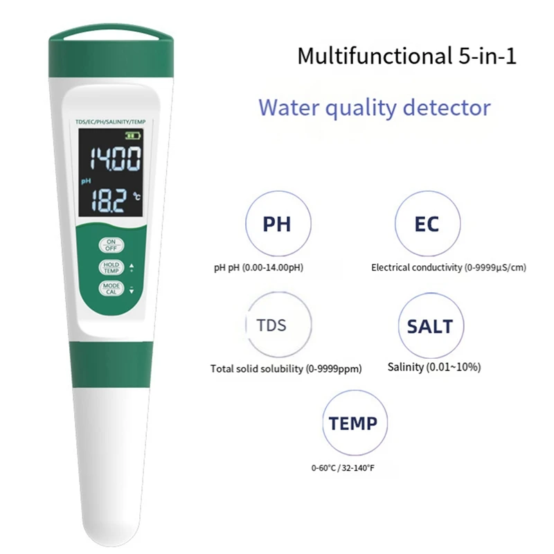 5 In 1 TDS Meter PH Tester PH/TDS/EC/Salt/Temp Tester IP65 Waterproof PPM Meter Water Tester For Drinking Water Easy Install