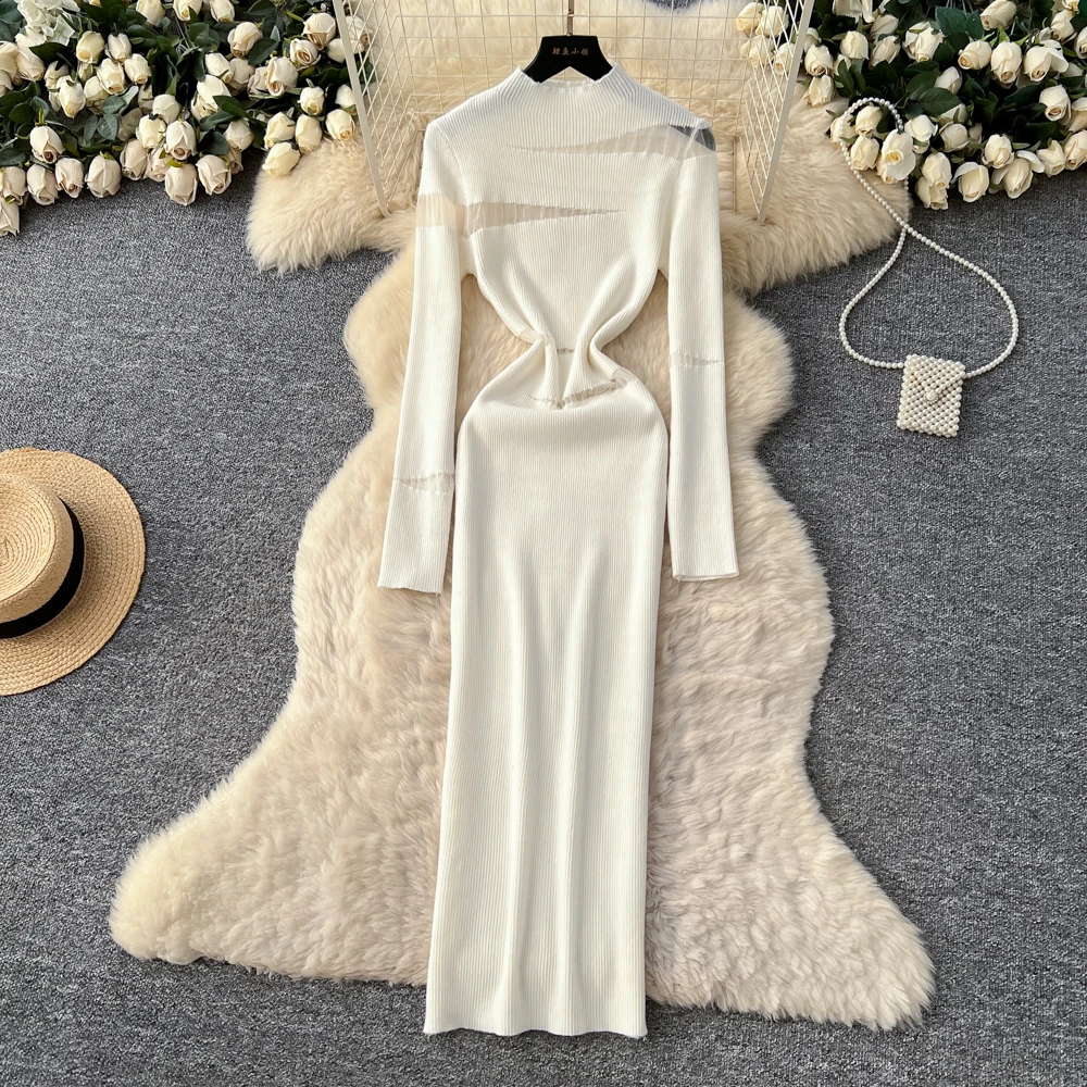 REALEFT automne hiver élégant irrégulier évider femmes robe tricotée à manches longues col roulé décontracté gaine robe portefeuille femme