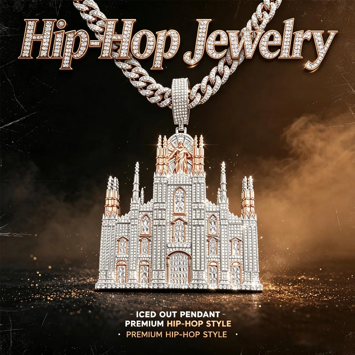Big 3D Iced Out Cathedral Pendant Hip Hop Church Design Luxury Bling Charm Necklace Full Micro Pave Shiny CZ 18K Gold Plated Religious Jesus Statue Castle Pendant For Men Rapper Party Jewelry Accessory Gift Street Culture Club Party Statement Ornament