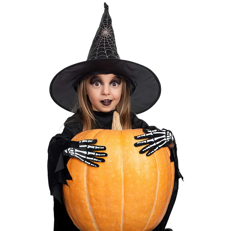 WOWFU-4 أزواج من قفازات الهيكل العظمي للهالوين مع أكمام ذراع هيكل عظمي كاملة الأصابع قفازات هيكل عظمي طويلة للذراع للأطفال والكبار