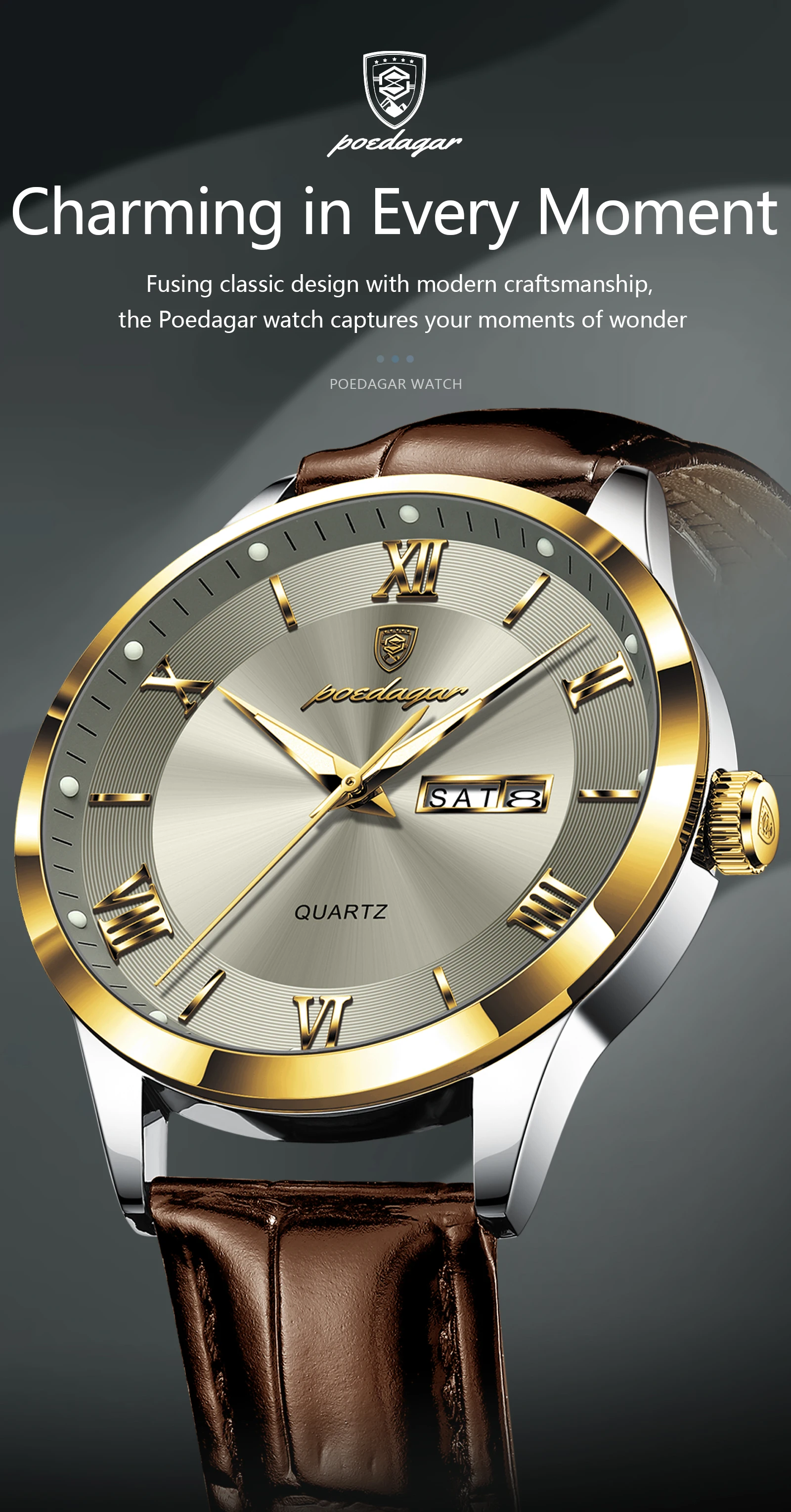 POEDAGAR Original Mode Uhr Für Mann Leder Datum Woche Quarz Männer Uhr Wasserdicht Leucht Business herren Uhren Männlich Reloj – Detail 2