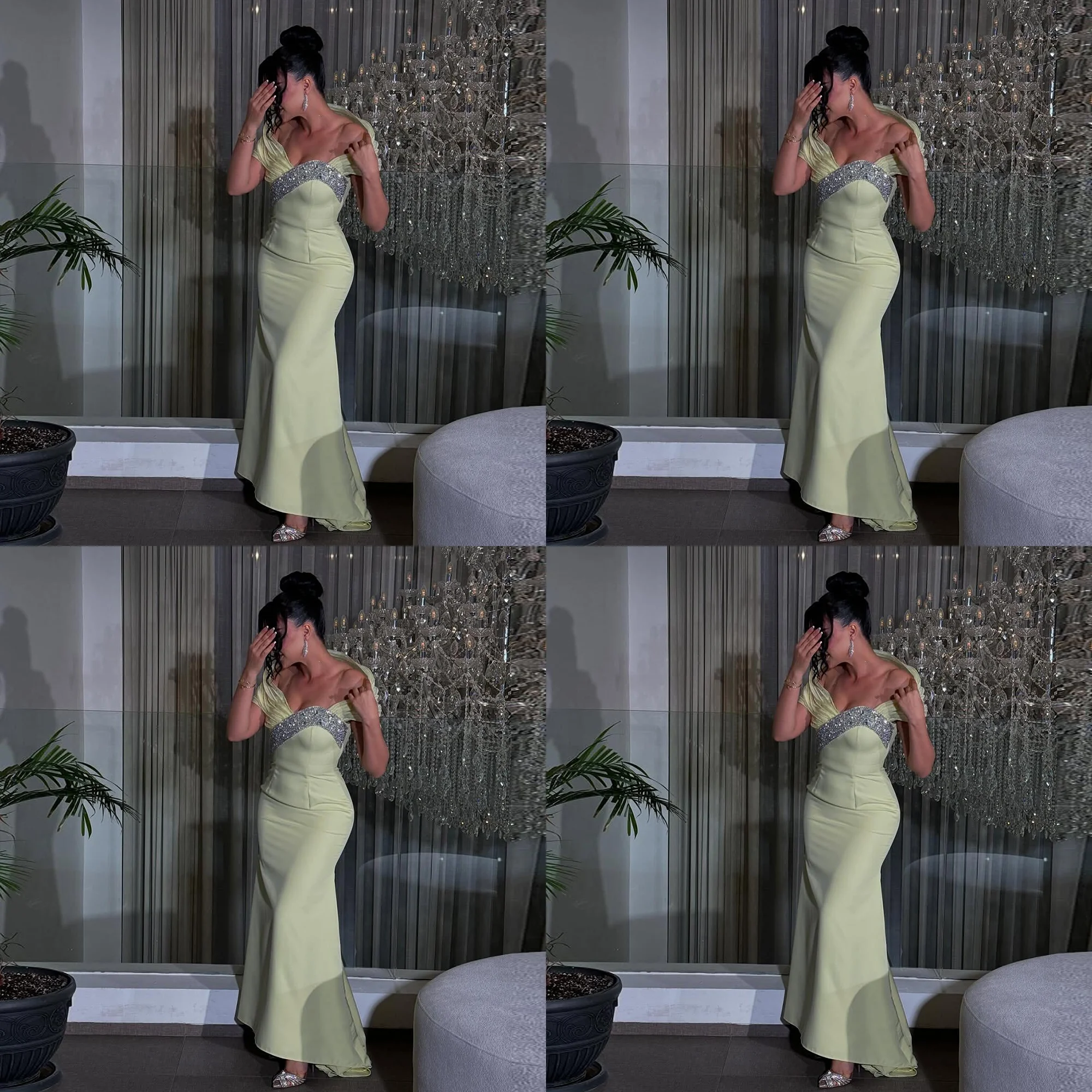 

Stunning Customized Off Shoulder Satin Pleated Formal Evening Dress Train Sheath Backless Long Saudi Bridal Gown with Crystal