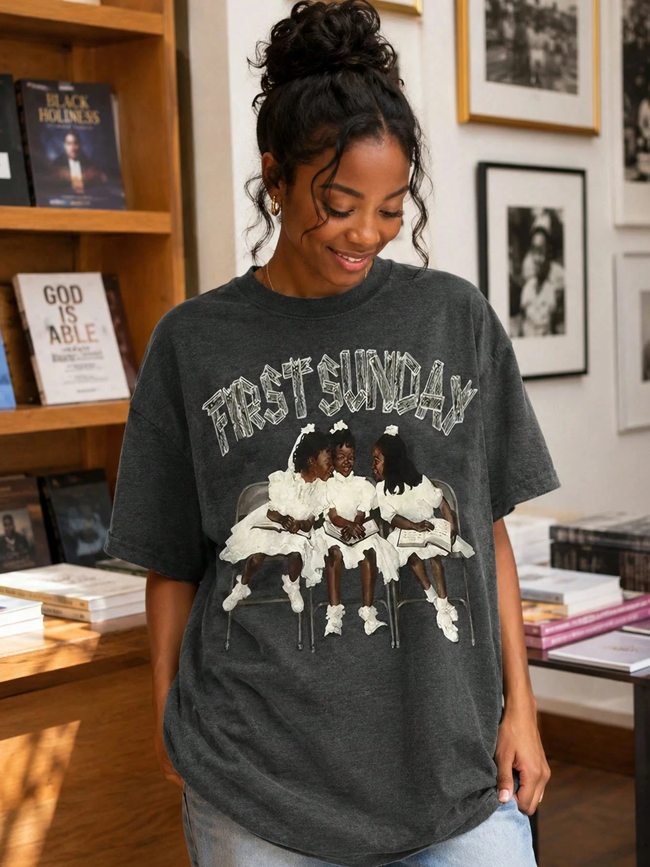 Women's Casual Royal Black Cotton T-Shirt with 'First Sunday' Graphic Print, Short Drop Shoulder Sleeves and Round Neck
