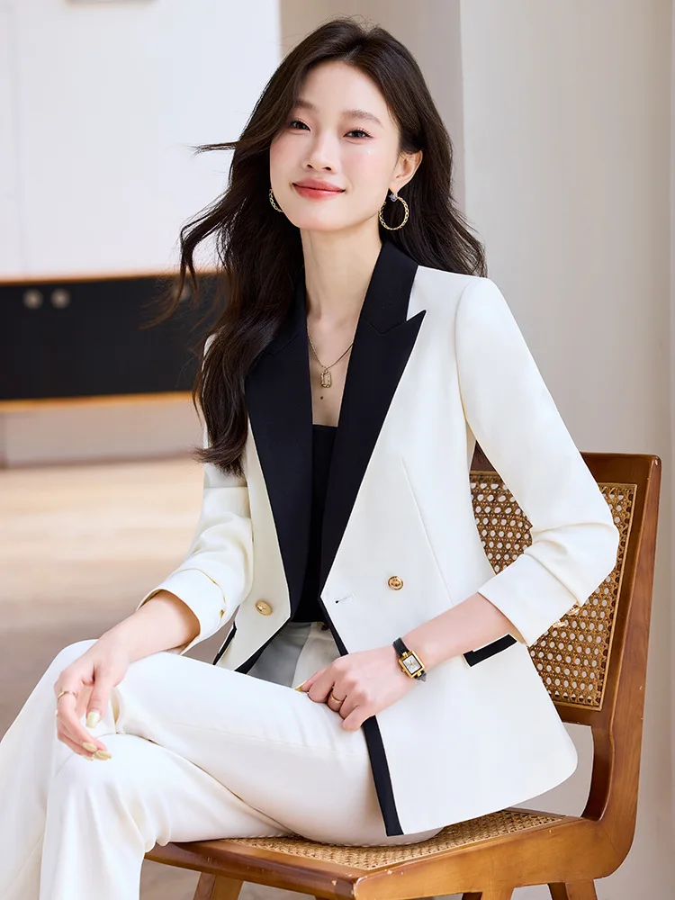 High-end white suit set for women, suitable for workplace and commuting, spring and autumn2025New Fashionable Color-Block Blazer