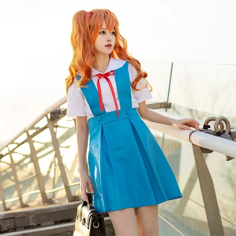 Rei Ayanami Asuka Cosplay Costume Evangelion School Uniform White Shirt Pleated Skirt Red Dress Hair Bow for Women Halloween