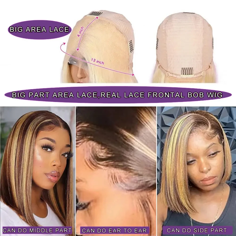 Perruque Bob Lace Wig naturelle brésilienne, cheveux lisses, reflets blond miel ombré 4/27, 13x4, pre-plucked