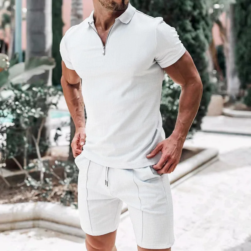 New men's casual, fashionable and comfortable waffle checkered letter lapel sportswear set, spring and summer two-piece set
