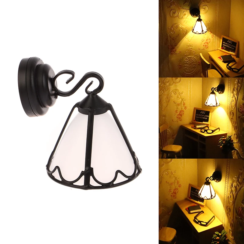 1 buah miniatur rumah boneka lampu LED renda putih penutup lampu dinding pencahayaan rumah furnitur Model boneka dekorasi pemandangan rumah aksesoris