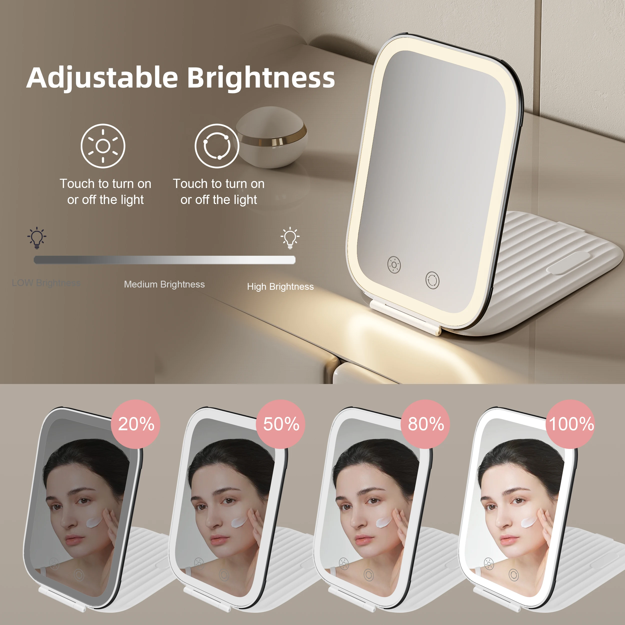 Custom logo light up rechargeable lithium battery fold lighted portable led makeup travel mirror with light