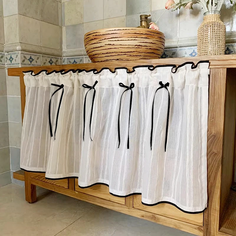 1Piece Japanese Retro Striped Imitation Linen Sheer Cafe Curtain with Bows Decor For Kitchen Living Room Farmhouse Home Decor