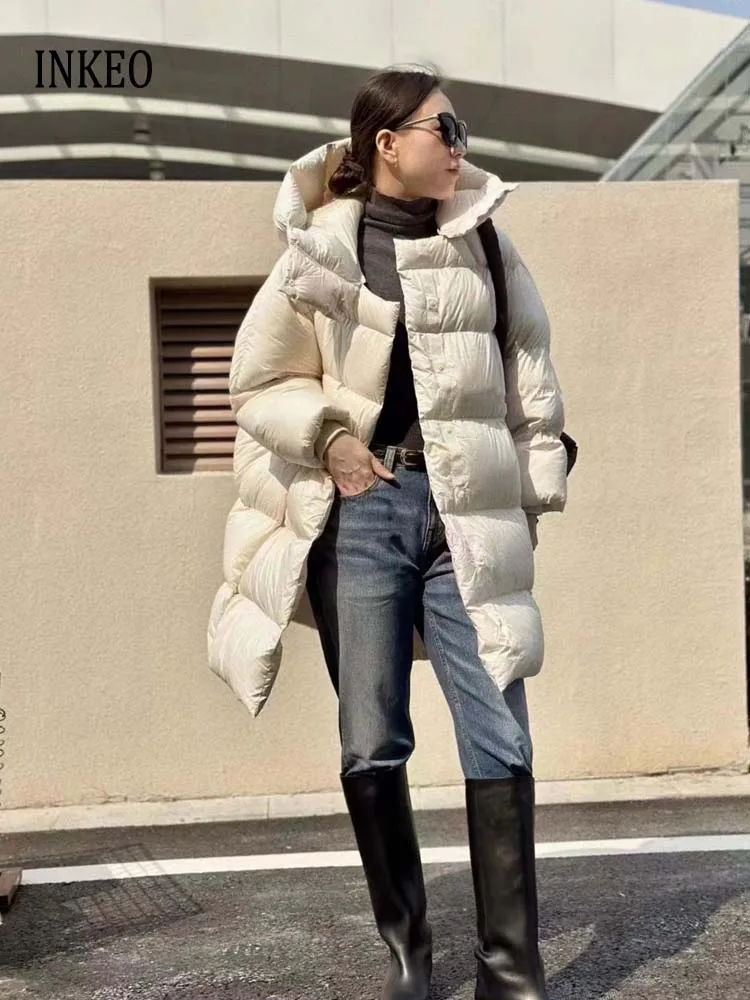 

Luxury White goose down jacket for women Oversize 2024 Winter Warm Hooded long sleeve puffer coat Elegant outwear INKEO DJ020