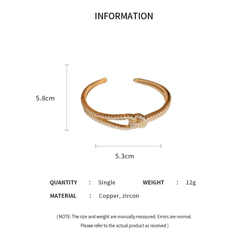 Exquisite Full Zircon Cuff Bracelets Gold Plating Copper Knot Opening Bracelet Minimalist Women\'s Bangle For Wedding Party K0