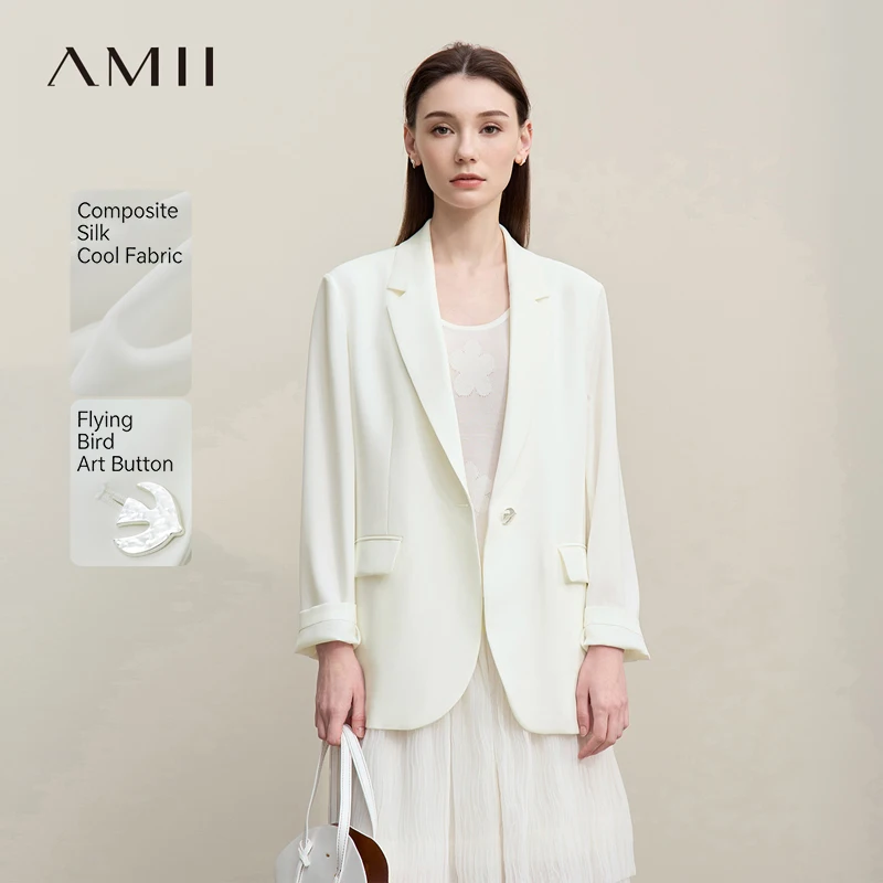 Amii Women's Blazer 2026 Autumn New Commuter Flip-neck Suit Loose Single Button Jacket Medium And Long With Sashes Top 12621051