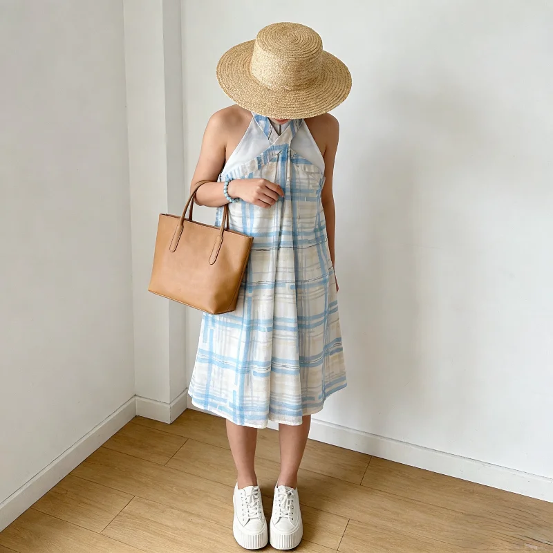 

Faionable Plaid Neline Dr ort Sve Seven Pants Summer New Arrival Women's Outfit Two Piece Set round Ne Overhead