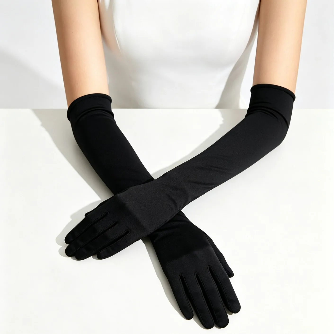 Gloves 45cm Long Milk Silk Stretchy Satin Solid Color Women Formal Evening Gown Party Performance Stage Accessory