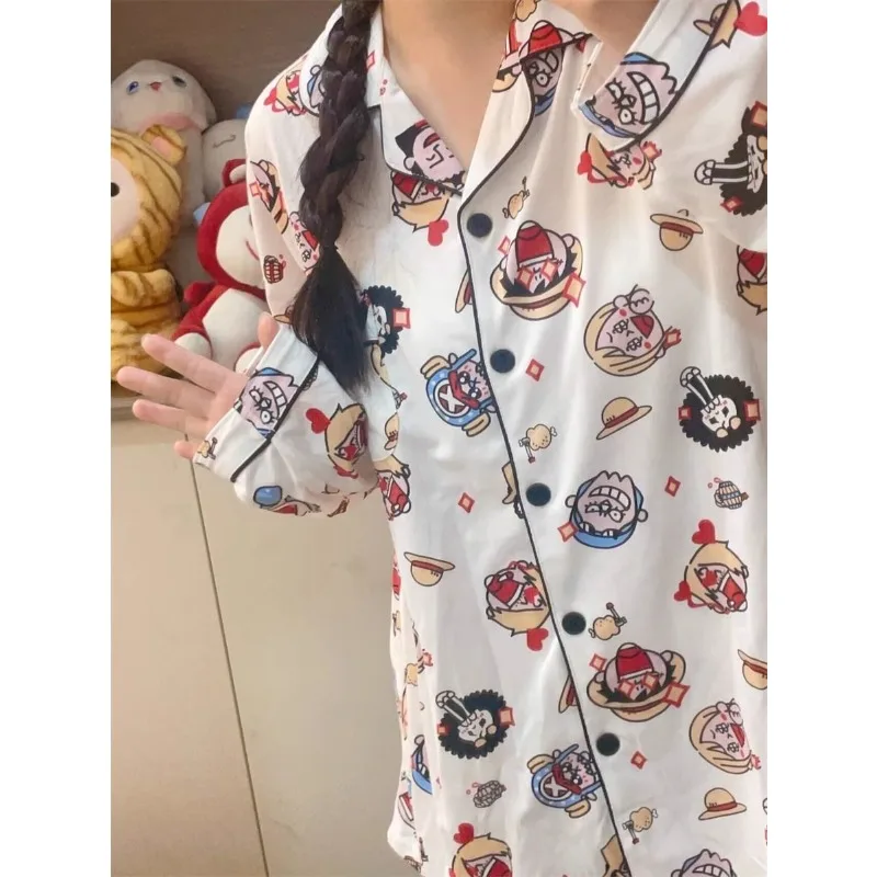 Cartoon Anime One Piece Cotton Couple Sleepwear Women Men Spring and Autumn Cardigan Long Sleeve Long Pants Home Clothes Set