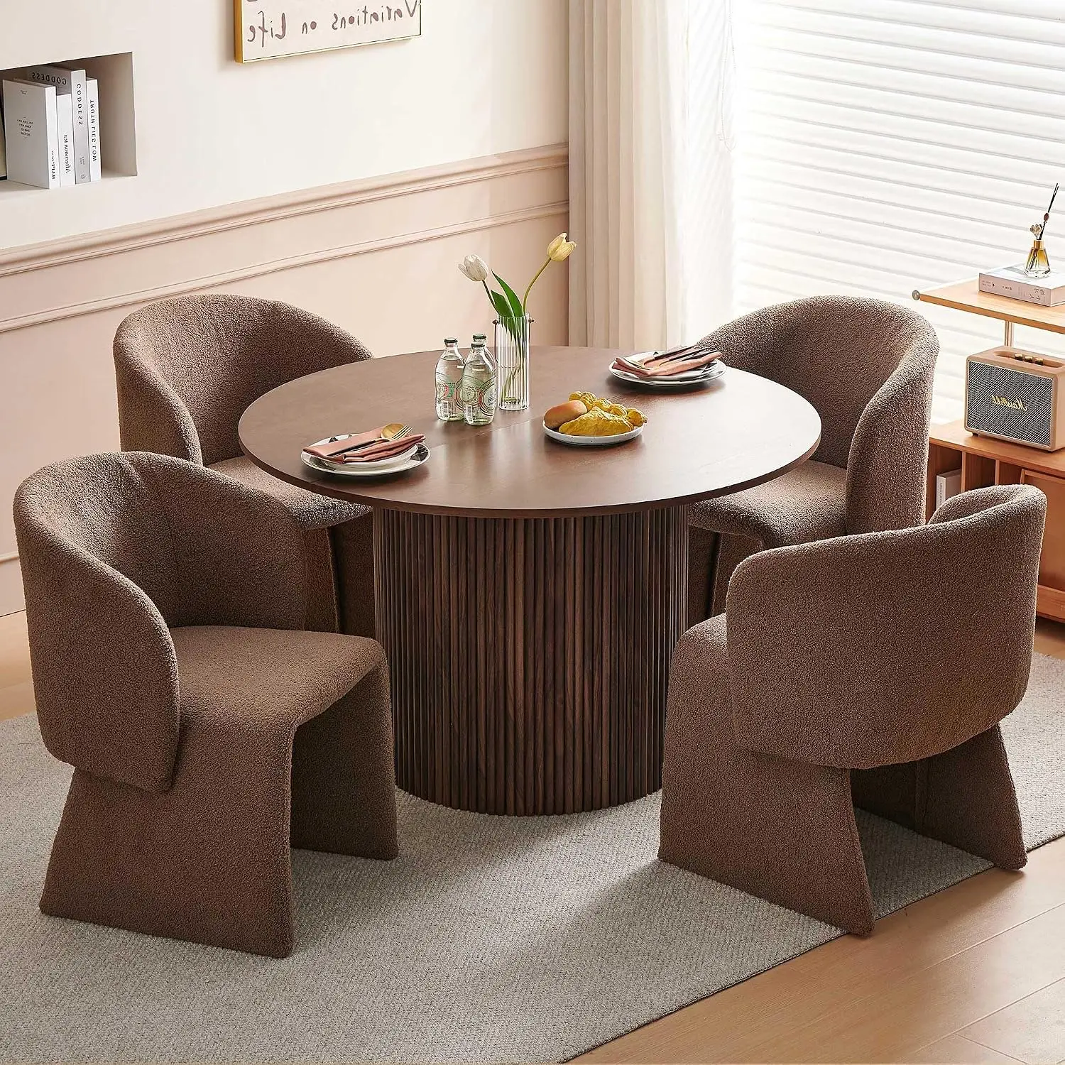 Dining Table Set for 4, 47" Circle Kitchen Table and Brown Upholstered Barrel Dining Room Chairs, Rustic 5-Piece Dinette Set