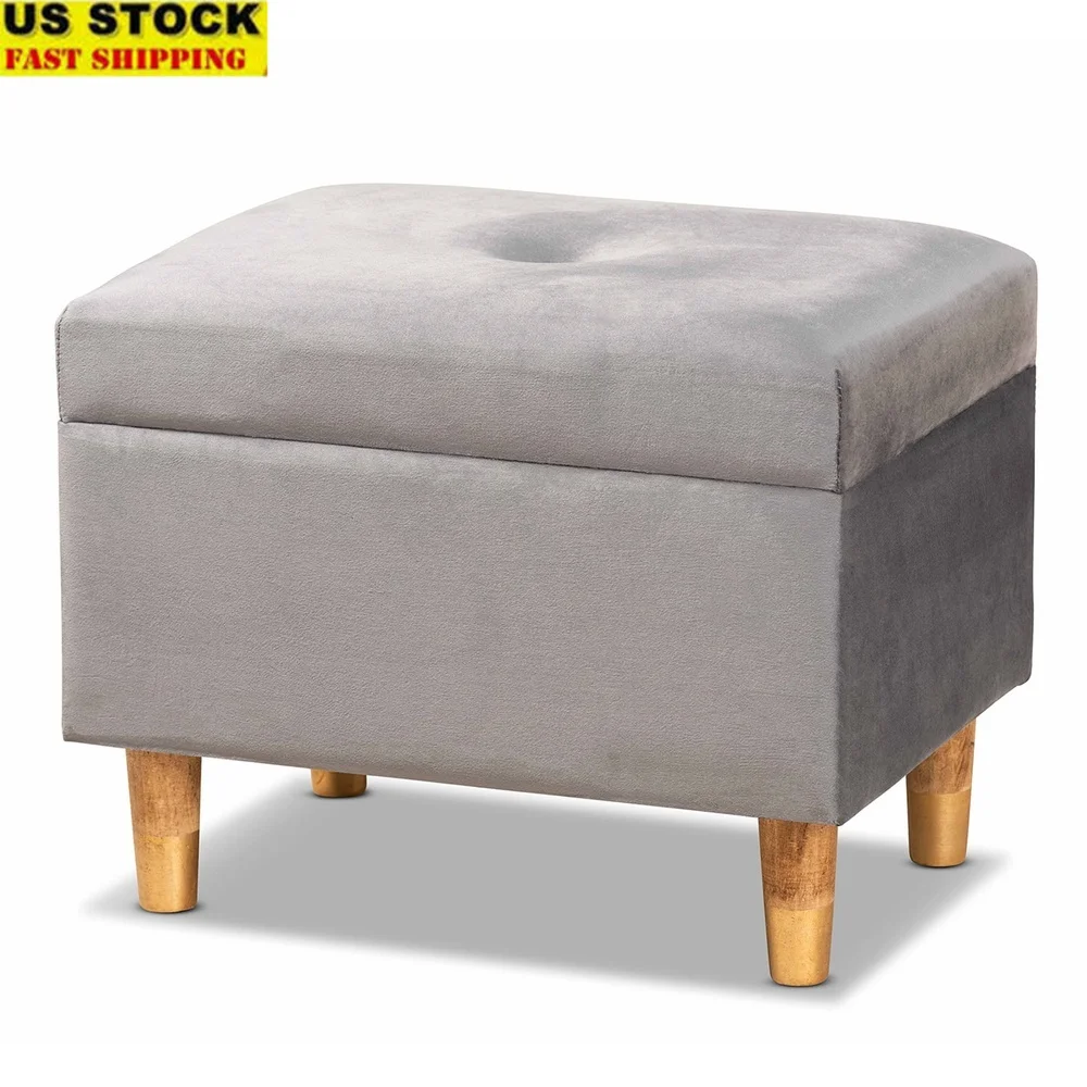 

Modern Velvet Upholstered Storage Ottoman with Lift Top Button Tufting and Oak Finished Legs Indoor Use