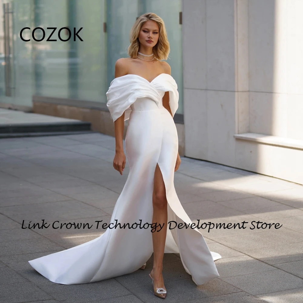 COZOK White Strapless Wedding Dresses for Women Front Slit 2025 Summer Court Train Satin Bridal Gowns Pleat Vestido Novia New