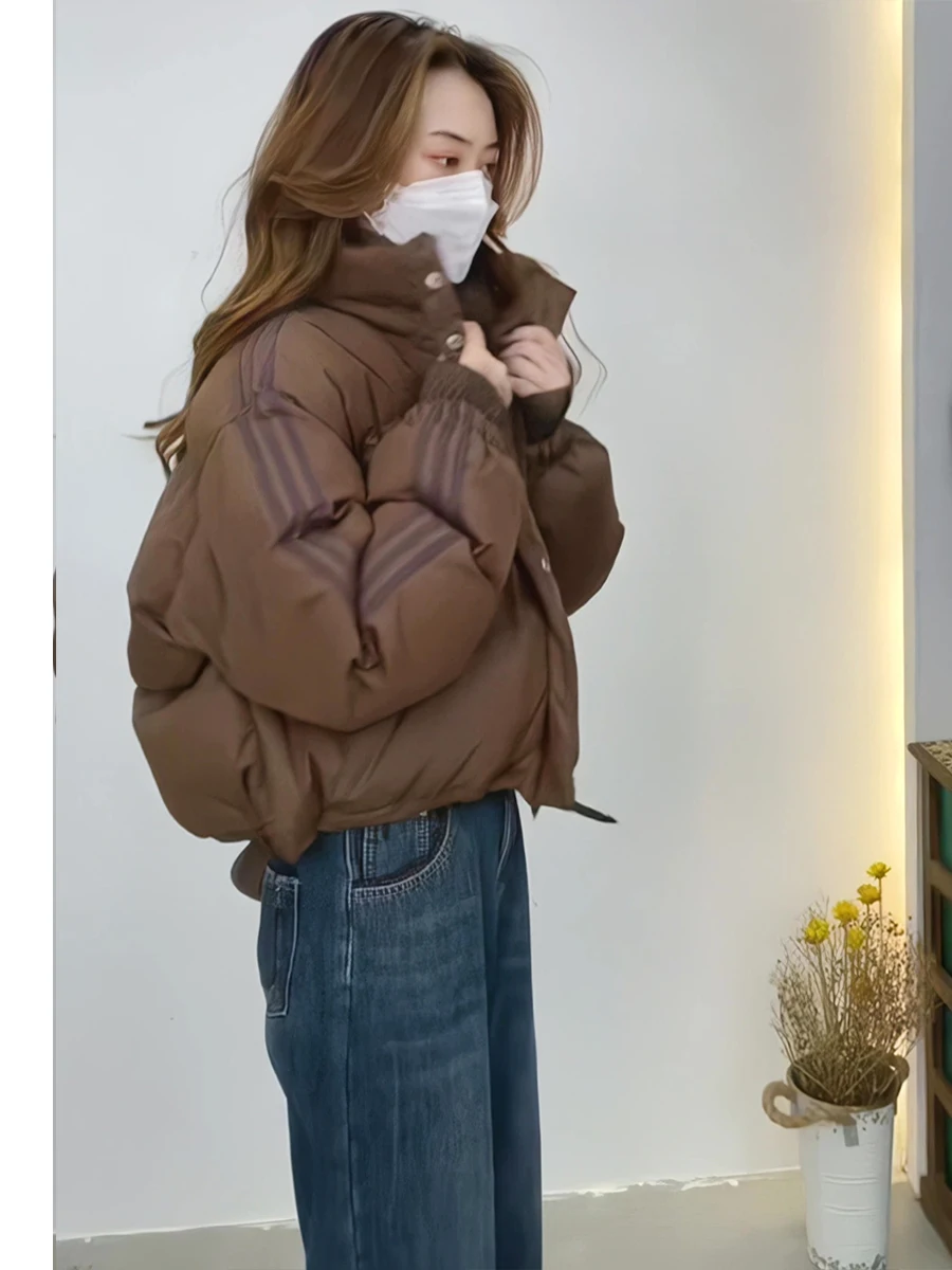 Chic ort puffer jaet feminino inverno thi outerwear cor café gola pão sle versão coreana du casaco para baixo