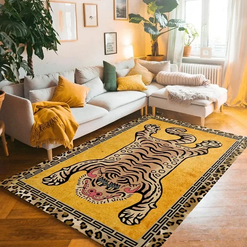 Vintage Tiger Themed Rug Various Artistic Tiger Designs with Floral Borders Soft Non Slip Carpet for Living Room Bedroom Decor