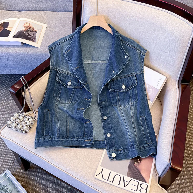

Винтажный потертый синий короткий джинсовый жилет, женский весенне-осенний новый модный однобортный ковбойский жилет без рукавов с воротником-стойкой