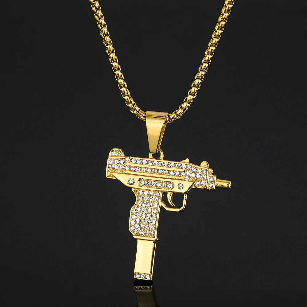 Hip hop Assault Rifle UZI Gun Iced Out Shiny CZ Pendant Gold Color Stainless Steel Rapper Necklace Man Hippie Military Jewelry