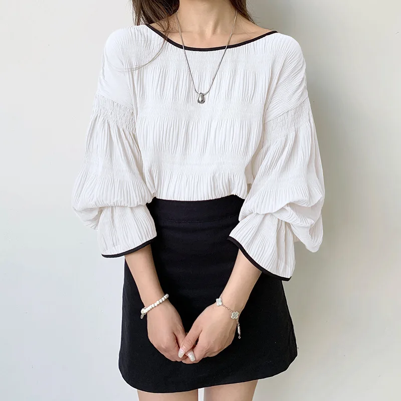 일본 라쿠텐 인스 루즈 플리츠 플레어 슬리브 쉬폰 블라우스