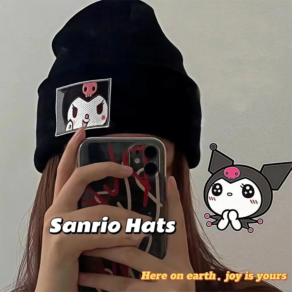 

Cartoon Hello Kitty Kuromi Embroidered Knit Hat Kawaii Sanrio Cinnamoroll Melody Winter Cycling Cold-Proof Warm Hat Girls Gifts