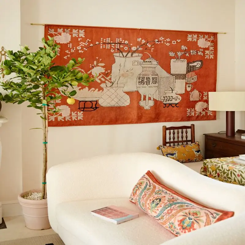 VIKAMA Oriental Antique Vase Tapestry Vintage Chinese Porcelain Wall Hanging Linen Art Aesthetic Living Room Decor