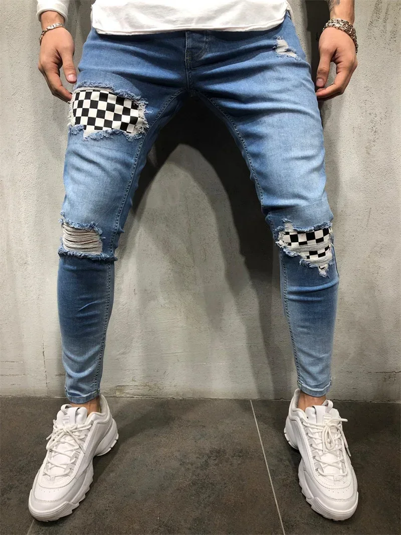 Fashion Black White Plaid Splicing Cloth Jeans Youth Men Casual Checkerboard Print Broken Holes  Four Seasons Pencil Denim Pants