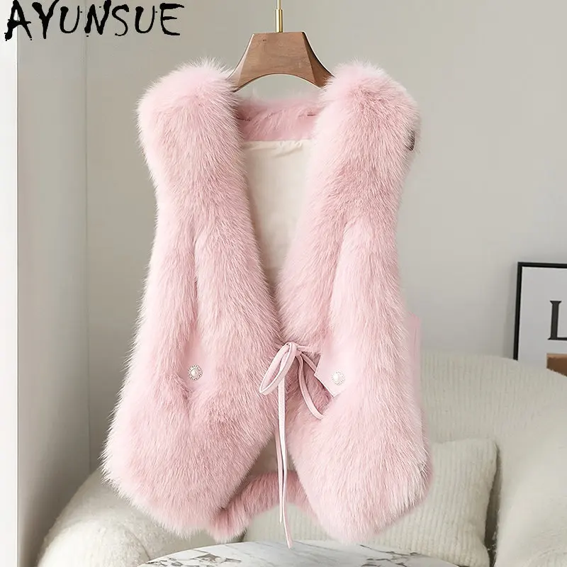 

AYUNSUE Real Fur Vest Women High Quality 100% Fox Fur Vest for Women Pure Fox Fur Coat Sleeveless Womens Clothing Veste Femme