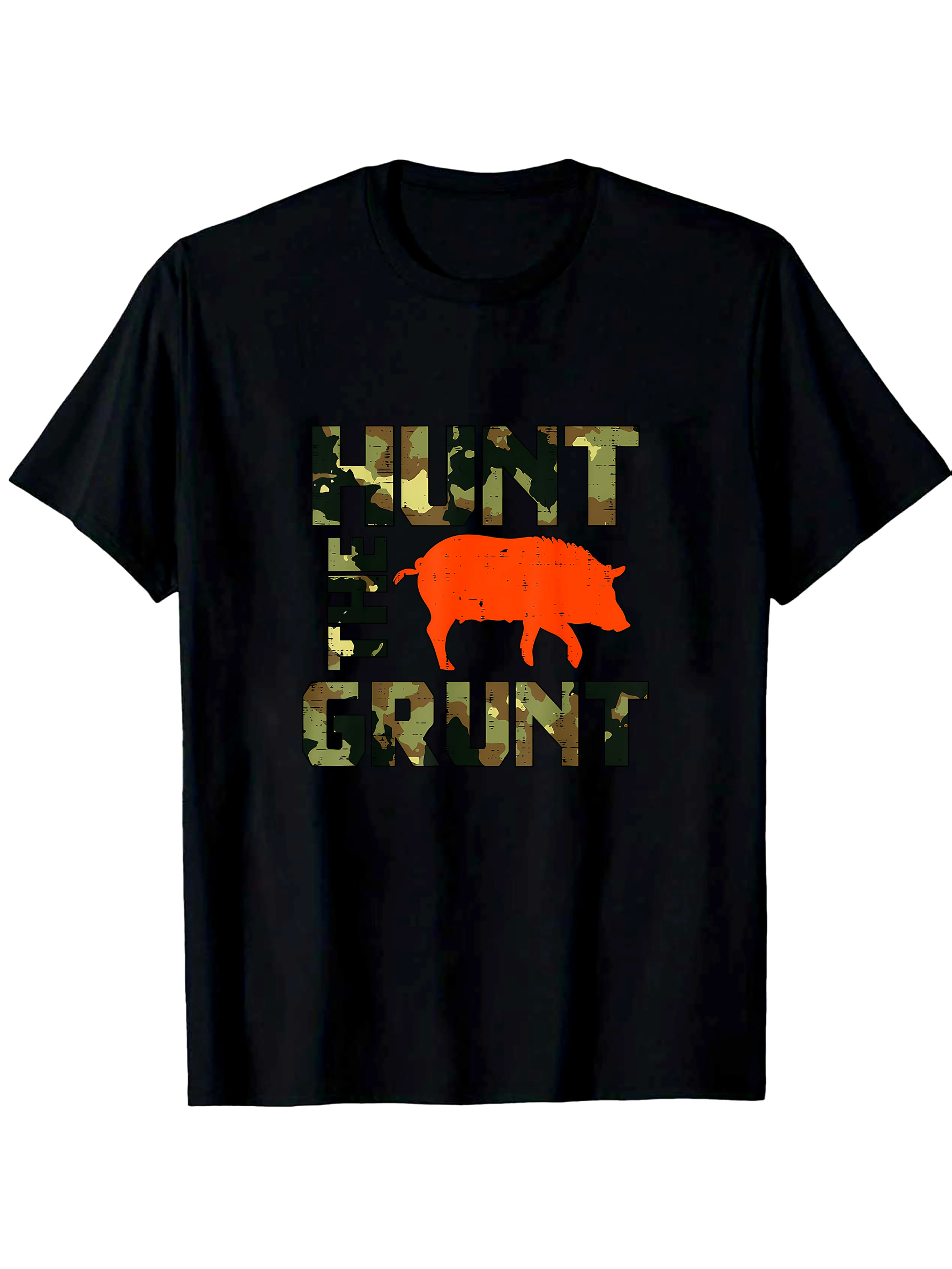 Camo Hunt The Grunt Hog Vintage Wild Boar Hunting Hunt Dad Men T-Shirt All-Season Black Casual Crew Neck T Shirt
