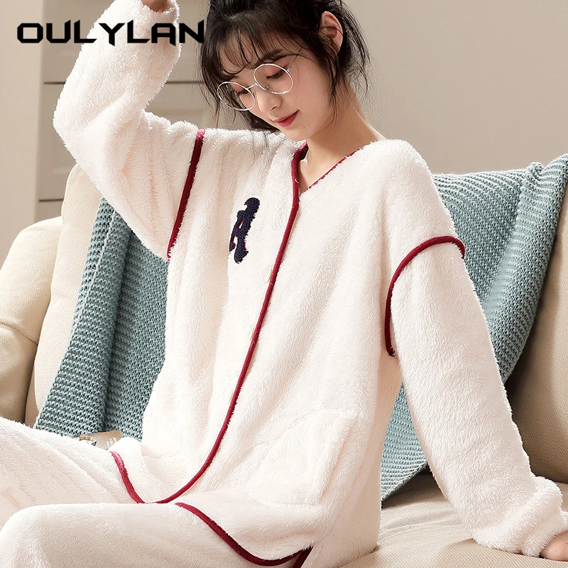 Basic Lapel Cardigan Loose Pant Women\'s Pajamas Set New Winter White Fashion Long Sleeved Flannel Pajamas Female Sleepwear Set