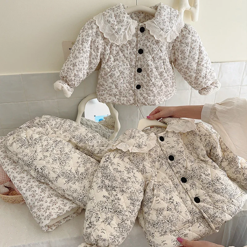 

2-6Y Winter New Children Baby Home Clothes Cotton Suit Set Baby Velvet Printed Pajamas Set