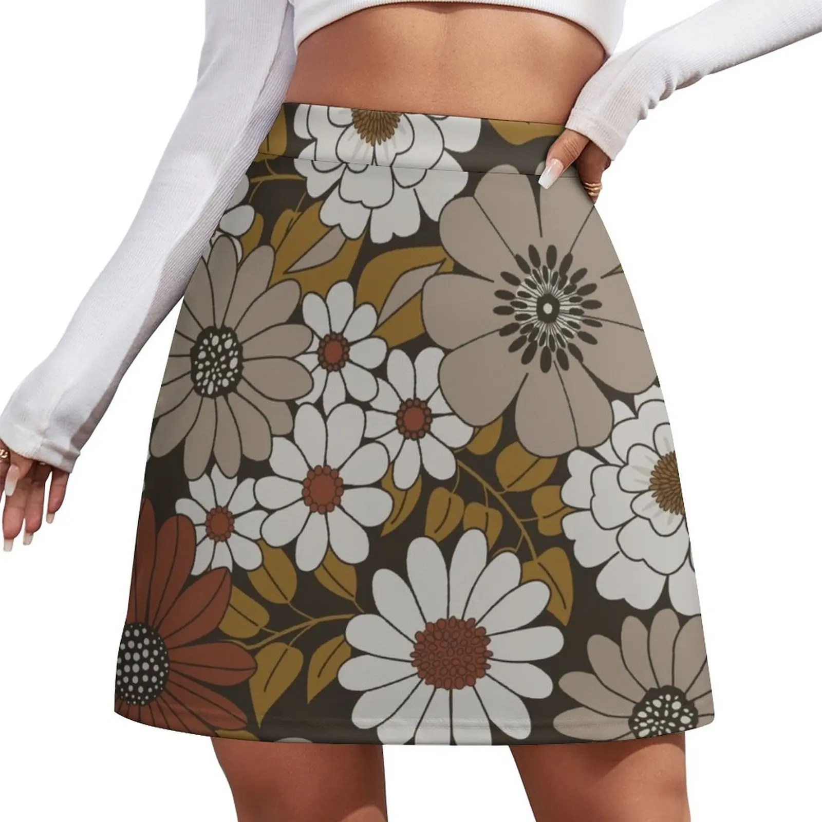 Brown, Orange, and Ivory Retro Flower Pattern Mini Skirt korean summer clothes women's skirt 2025 trend