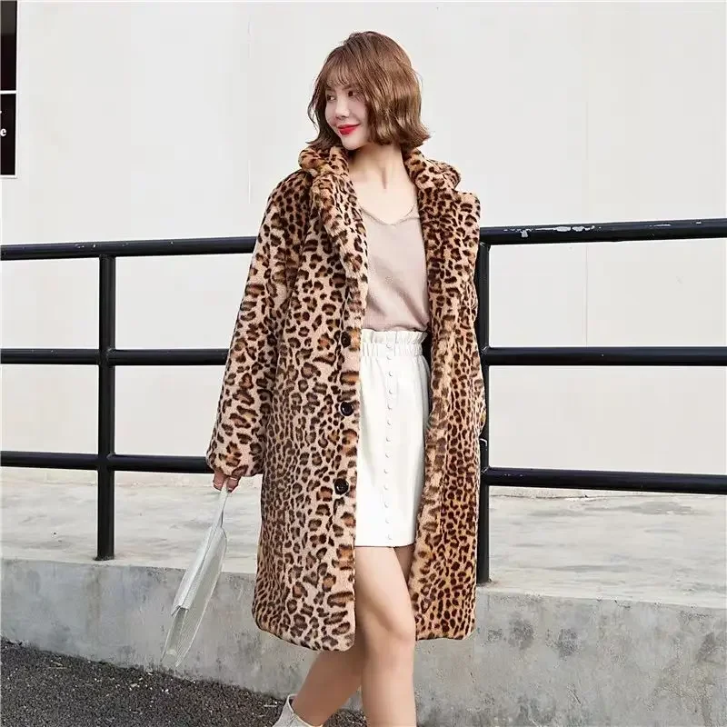 Women Leopard Faux Fox Fur Warm Long Coat Winter Leisure Long Jacket Windbreaker Thick Fluffy Luxury Bontjas Warm Outerwear