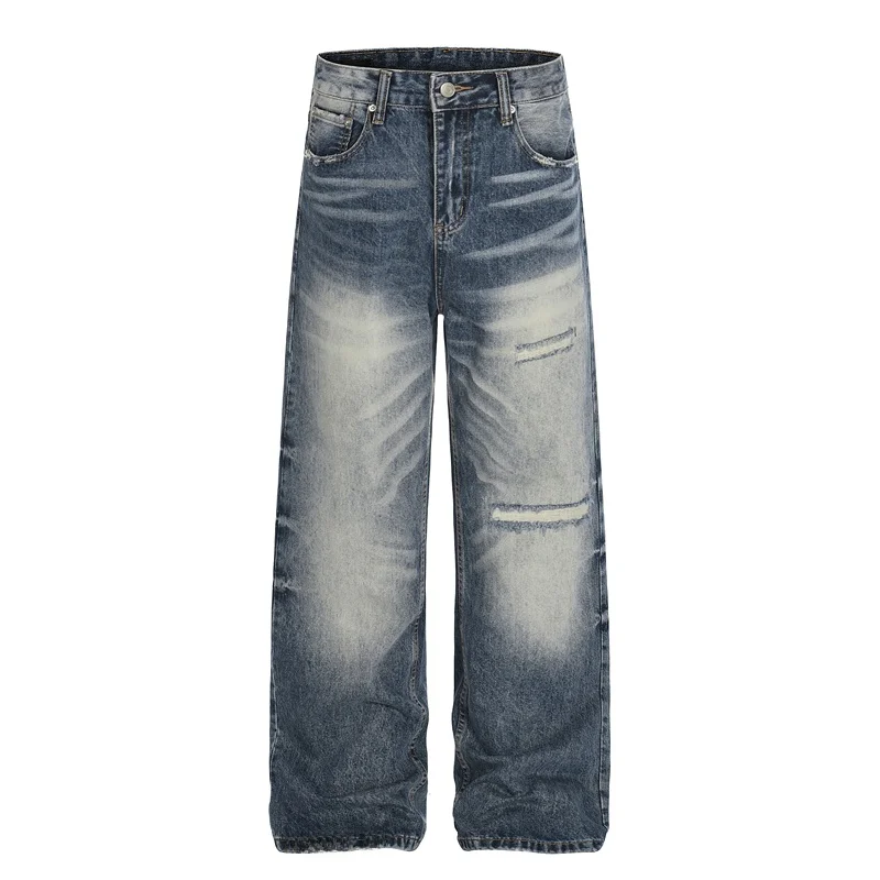 Jeans Americanos Desgastados para Homens e Mulheres, Estilo de Rua, Calças Longas Slim de Perna Larga, Casual, Primavera e Outono
