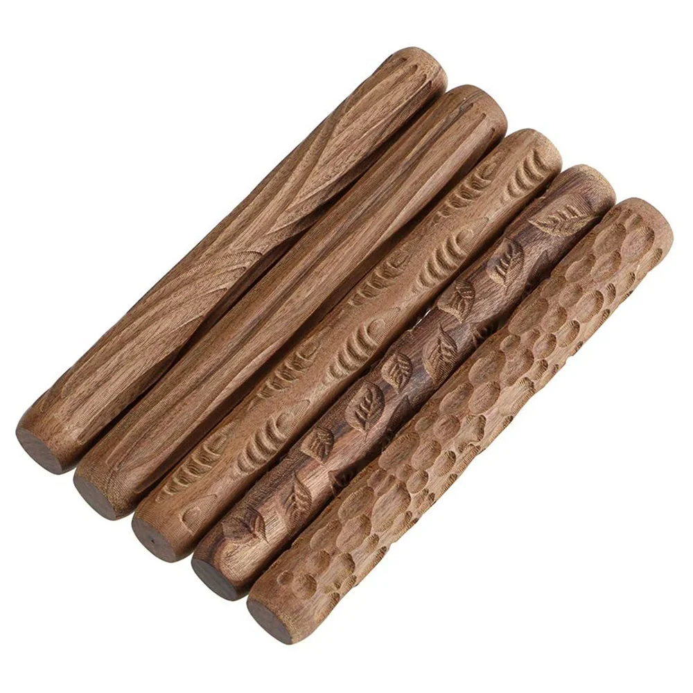 5 Pcs Pottery Tools Wood Hand Rollers for Clay Stamp Pattern/Roller Pattern Ceramic Tools Arcilla Polimerica Dab Tool