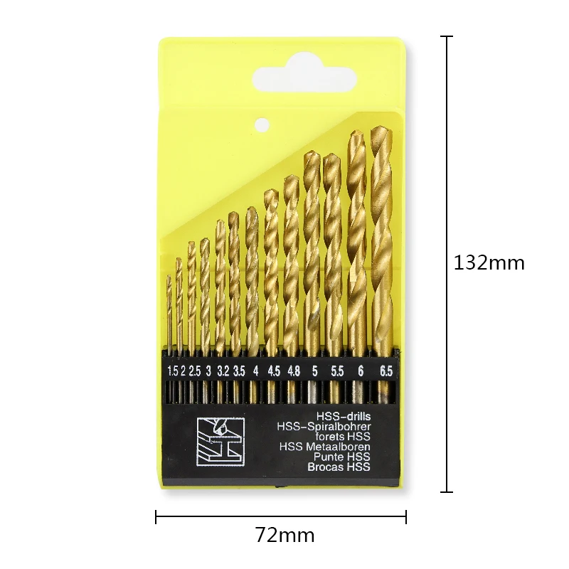 13pc 1.5-6.5mm Round Shank Twist Drill Bit Set Titanium Coated Hole Cutter High Speed Steel Gun Drill Bit Woodworking Metal Tool