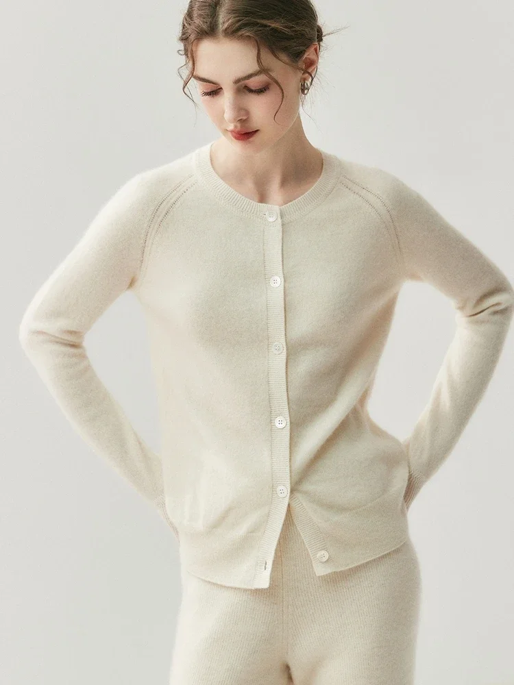 Chic Women's Sweater Cardigan 100% Cashmere Sweater Autumn Winter Long Sleeve Knitwear Clothes O-Neck Versatile Coat Office Lady