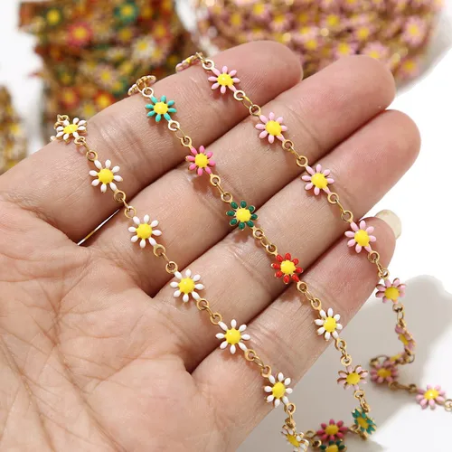 스테인레스 스틸 에나멜 데이지 매력 체인, 골드 에나멜 꽃 구슬 체인 목걸이 팔찌 DIY 쥬얼리 만들기 1 미터 