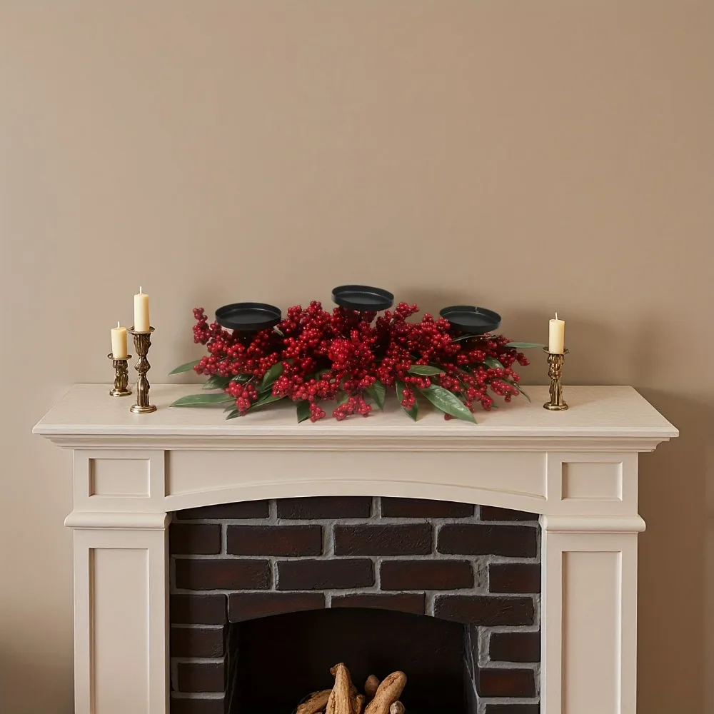 Artificial Berry Wreath Three Legged Candle Holder Wrought Iron Stable Base Christmas Candlestick Red Simulated