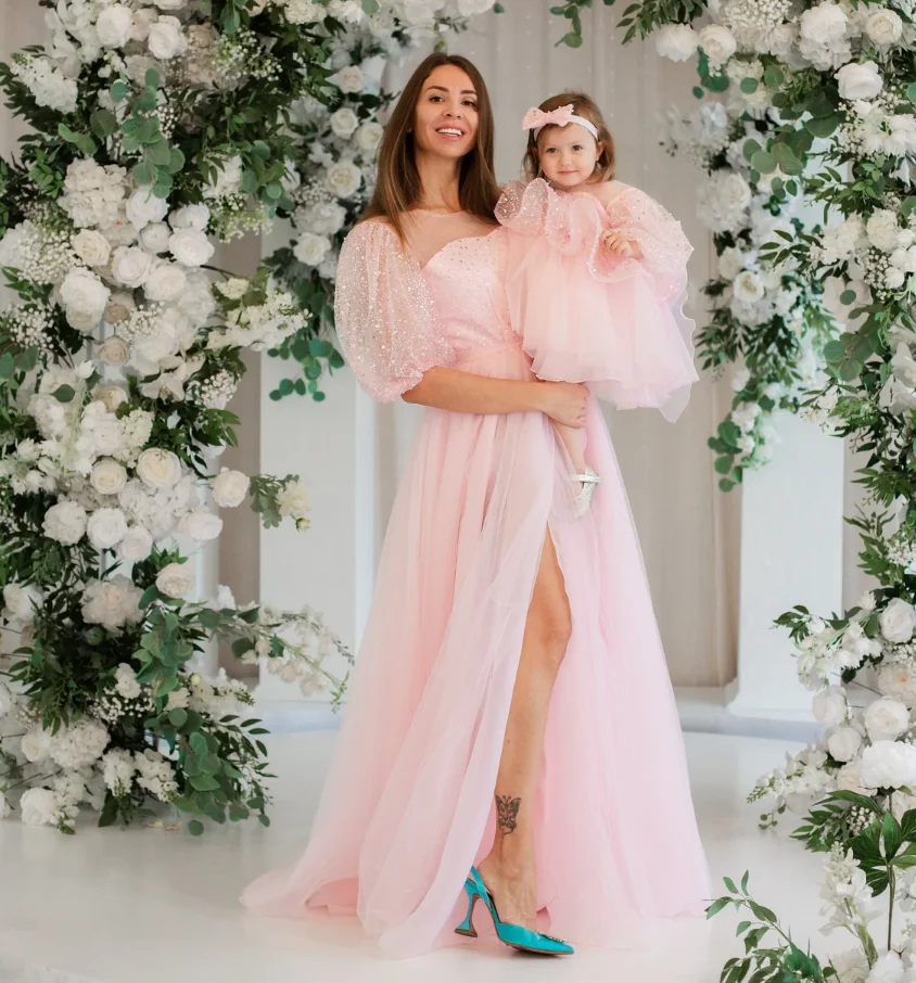 Vestidos a juego para madre e hija, trajes para mamá y yo, sesión de fotos de tul rosa claro, aspecto familiar, cumpleaños, boda